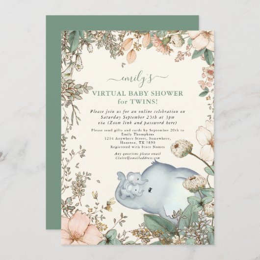 Olifant Twins Florals Sage Virtual Baby shower Kaart (Voorkant / Achterkant)