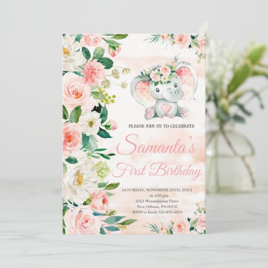 Olifant Verjaardag, Roze Bloemen, Safari Verjaarda Kaart (Staand voorkant)