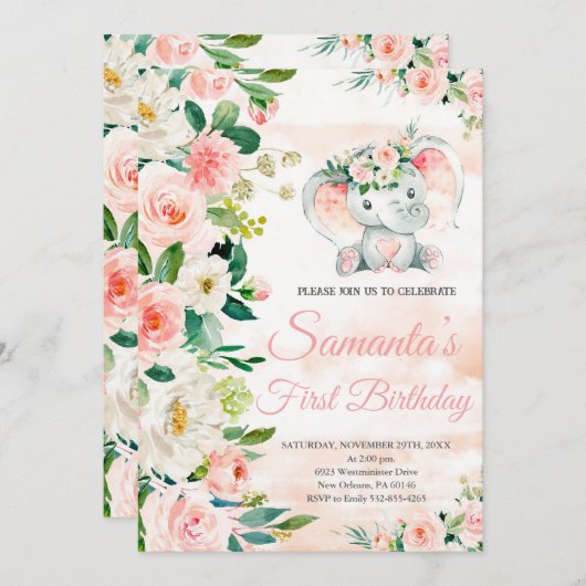 Olifant Verjaardag, Roze Bloemen, Safari Verjaarda Kaart (Voorkant / Achterkant)