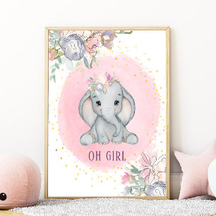 Olifant Waterverf Roze Bloemenkindermeisjeskamer Poster