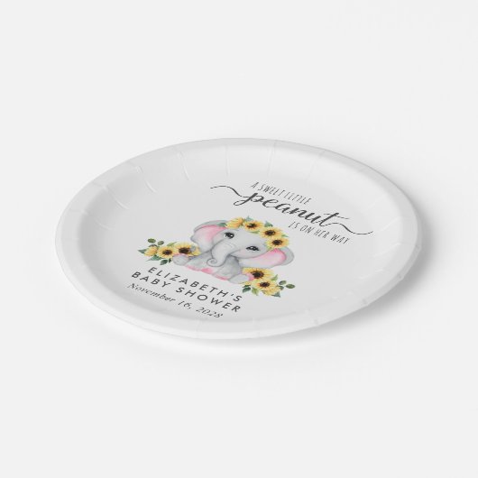 Olifant Zonnebloemen Baby Meisje Douche Papieren Bordje (Gekanteld)