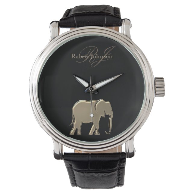 Olifant Zwart en Goud Monogram Elegant Luxe Horloge (Voorkant)