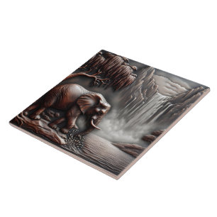 Olifanten bij Waterval in Carved Relief Tegeltje