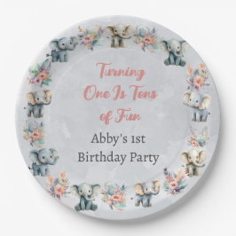 Olifanten & Boho Oerwoud Bloemen op Grijze Verjaar Papieren Bordje