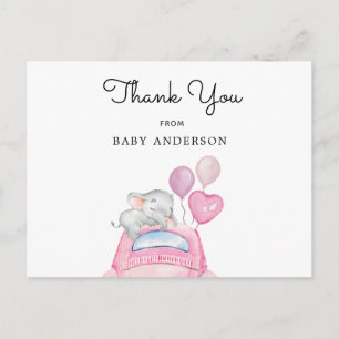 Olifanten op roze auto rijden met Baby shower Briefkaart