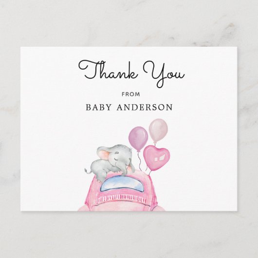 Olifanten op roze auto rijden met Baby shower Briefkaart (Voorkant)