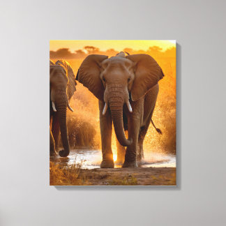 Olifantenkudde bij drinkplaats canvas afdruk