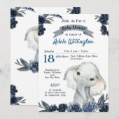 Olifantje Waterverf Bloemen Navy Blauw Baby Invi Kaart (Voorkant / Achterkant)