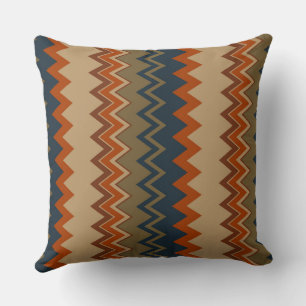 Olijf, Blauw en Oranje Chevron Patroon Kussen
