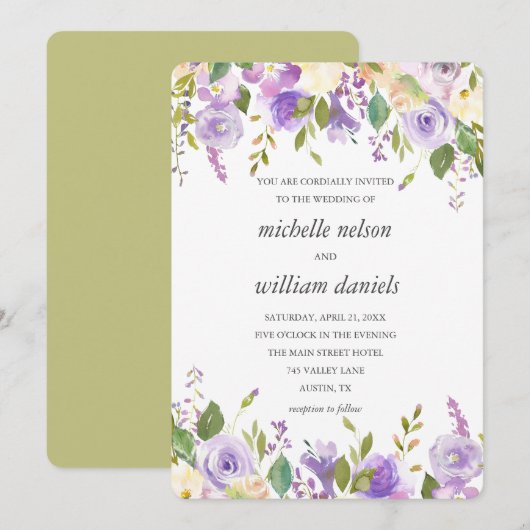 Olijf | Chic Lavender Waterverf Floral Wedding Kaart (Voorkant / Achterkant)