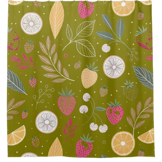 Olijf Groen Fruit & Bloemen Douchegordijn (Voorkant)