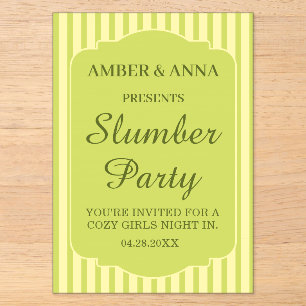OLIJF GROENE GE PERSONALISEERDE NAAM SLUMBERPARTY ACRYL UITNODIGINGEN