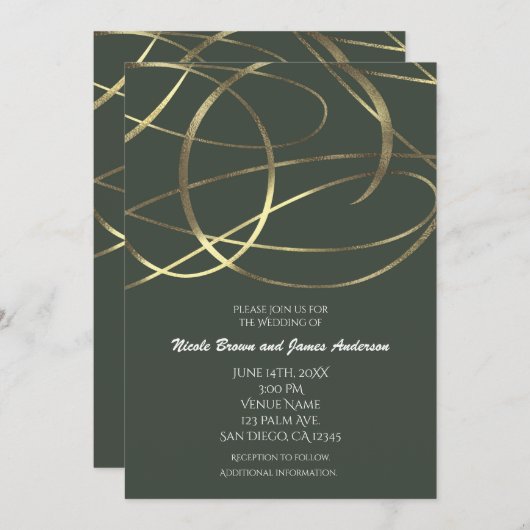 Olijf legergroene en gouden nep folie uitnodiginge kaart (Voorkant / Achterkant)