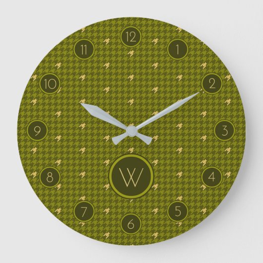 Olijf met Gold Accent Houndstooth Clock Grote Klok (Voorkant)