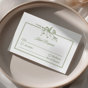 Olijf Sage Toile de Jouy Cherub Huwelijks RSVP Kaa Kaartje