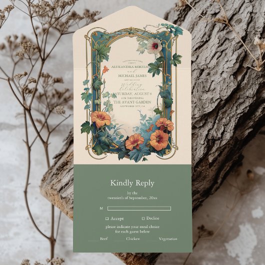 Olijf & Sinaasappel Bruiloft  Art Nouveau Floral All In One Uitnodiging