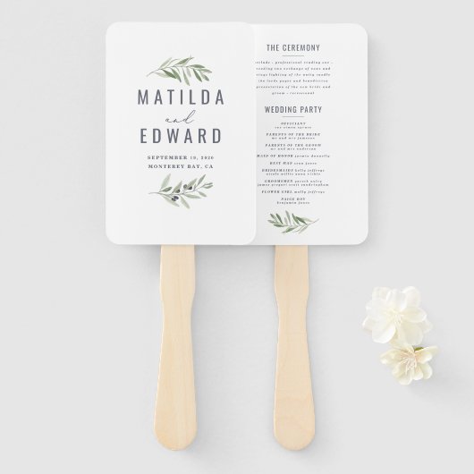 Olijfbijtak waterverf schilderde trouwerij handwaaier (Voorkant en achterkant)