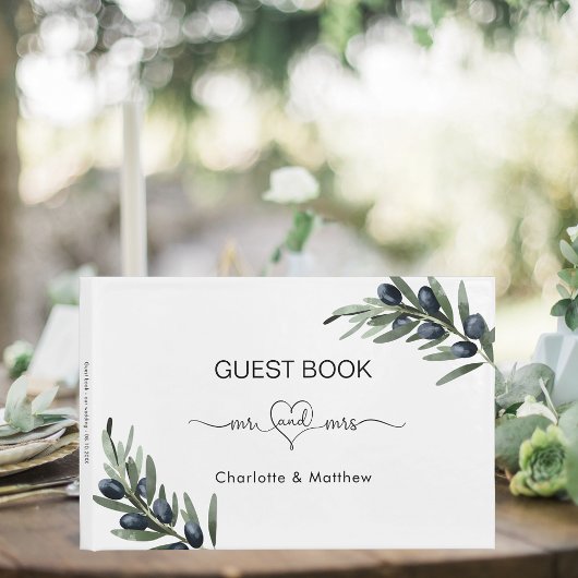 Olijfbladeren groen Mr Mrs Wedding Gastenboek