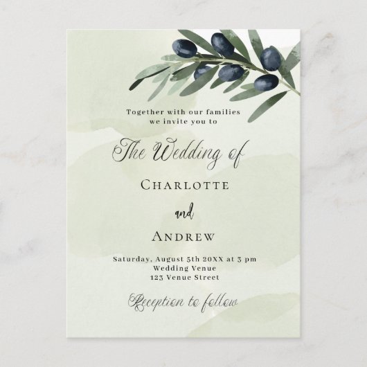 Olijfbladeren groen waterverf script bruiloft uitnodiging briefkaart (Voorkant)