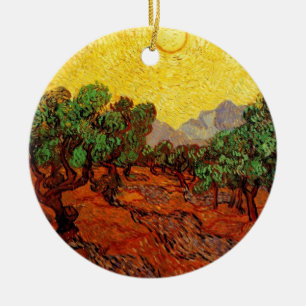 Olijfbomen met gele hemel en zon keramisch ornament