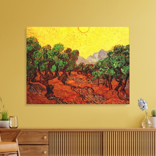 Olijfbomen van Vincent van Gogh met gele lucht en Canvas Afdruk (Insitu (Woonkamer))