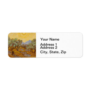 Olijfbomen van Vincent van Gogh met gele zon en lu Etiket