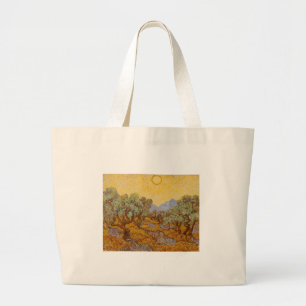 Olijfbomen van Vincent van Gogh met gele zon en lu Grote Tote Bag