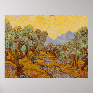 Olijfbomen van Vincent van Gogh met gele zon en lu Poster