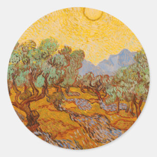 Olijfbomen van Vincent van Gogh met gele zon en lu Ronde Sticker