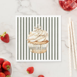 Olijfcrème Strepen Sneeuwvlok Cupcake Kerstmis Servet