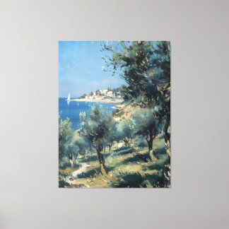 Olijfgaard met kustdorp en zee canvas afdruk