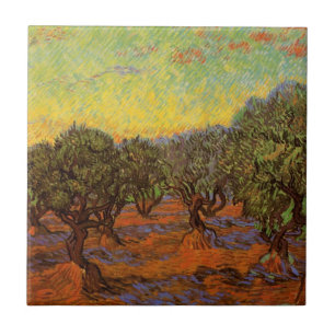 Olijfgaard, oranje lucht door Vincent van Gogh Tegeltje
