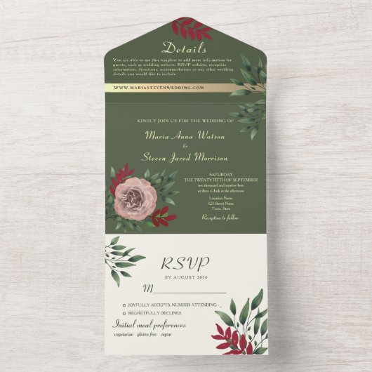 Olijfgroen Bloemen Botanische bruiloft All In One Uitnodiging (Binnen)