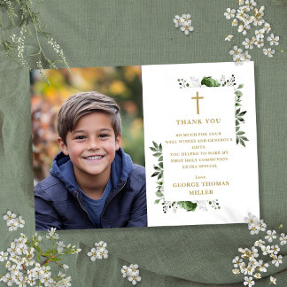 Olijfgroen Bloemen Foto Eerste Heilige Communie Bedankkaart