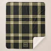 Olijfgroen, crème en zwart plaid monogram sherpa deken (Voorkant)