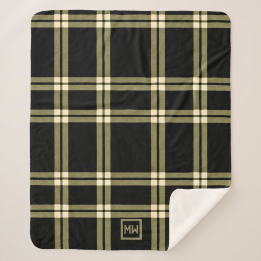 Olijfgroen, crème en zwart plaid monogram sherpa deken (Voorkant)