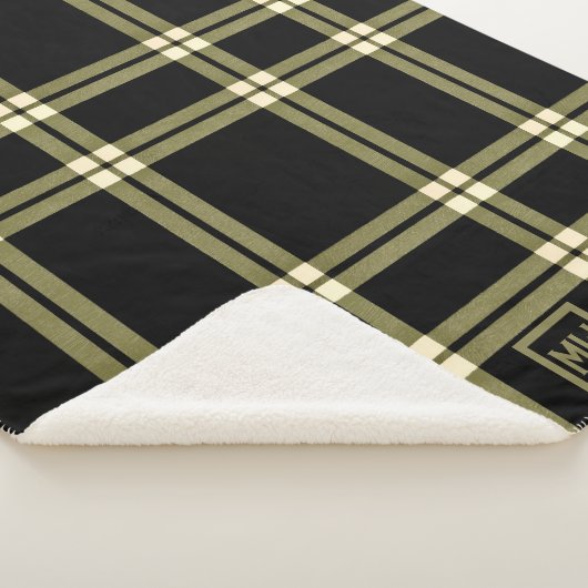Olijfgroen, crème en zwart plaid monogram sherpa deken (3/4)