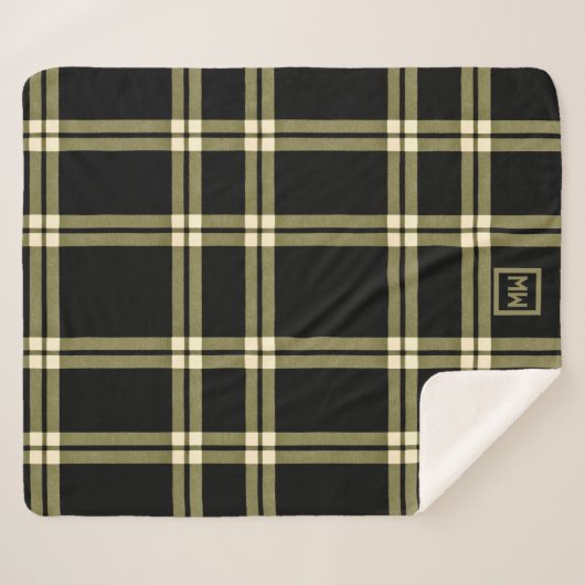 Olijfgroen, crème en zwart plaid monogram sherpa deken (Voorkant (horizontaal))