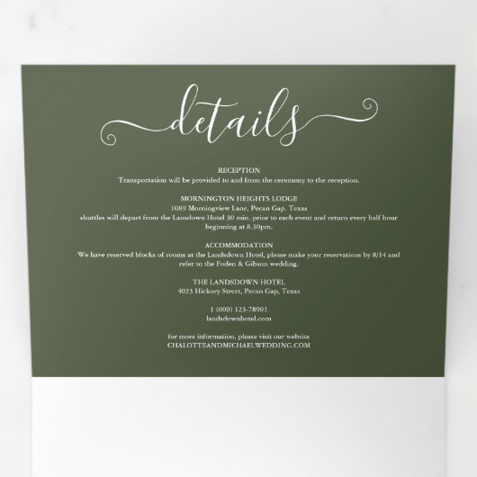 Olijfgroen Elegant Modern Fotoscript Bruiloft Drieluik Uitnodiging (Binnenzijde eerst)