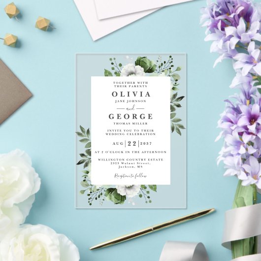 Olijfgroen Elegante Moderne Bloemen Huwelijk Acryl Uitnodigingen (Insitu (Huwelijk))