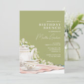 Olijfgroen | Elegante Tea Birthday Brunch Kaart (Staand voorkant)