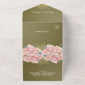 Olijfgroen en bleekroze Floral Weddenschap All In One Uitnodiging (Buitenkant)