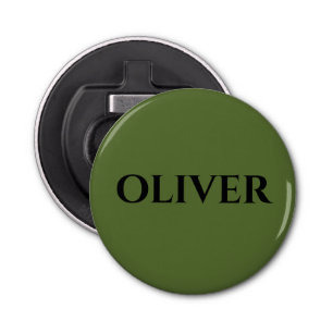 Olijfgroen en minimalistische zwarte naam button flesopener
