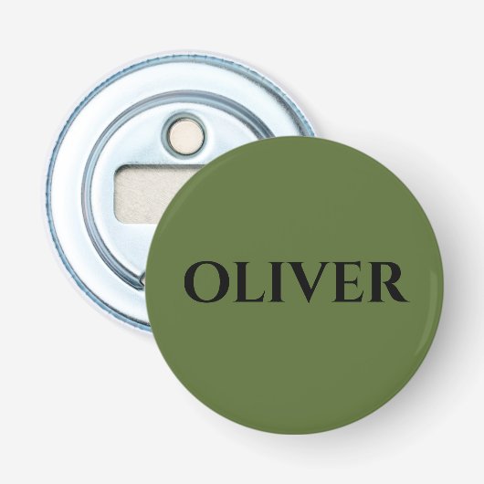 Olijfgroen en minimalistische zwarte naam button flesopener (Voorkant)