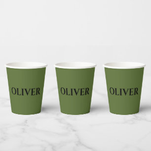 Olijfgroen en minimalistische zwarte naam papieren bekers
