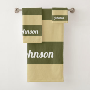 Olijfgroen en Tan Stripes Bad Handdoek