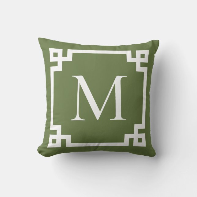 Olijfgroen en wit gecongrammeerd Grieks sleutelgre Kussen (Voorkant)