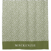 Olijfgroen en wit Griekse sleutelnaam Monogram Douchegordijn (Voorkant)