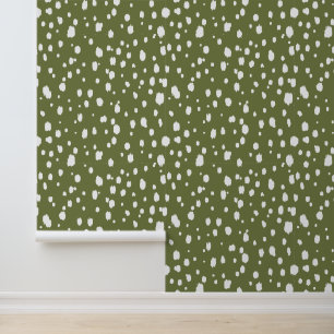 Olijfgroen en witte abstracte stippen behang