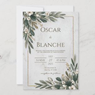 Olijfgroen en witte bloemen minimalistische bruilo kaart